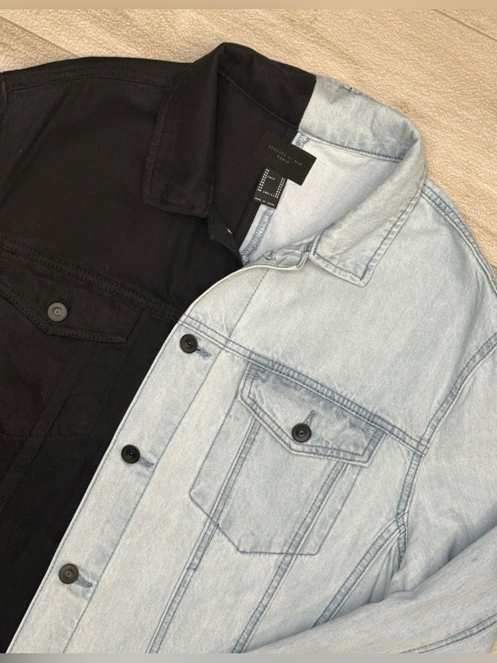 Forever 21 Two Tone Denim Jacket Mens XL Black Blue Split Contrast Streetwear